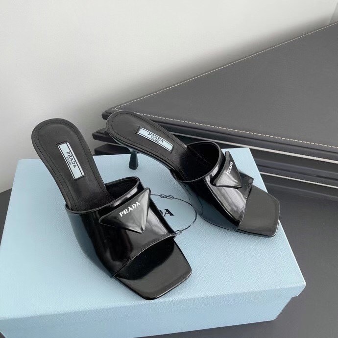 Prada Mid-heeled Slides In Black Brushed Leather