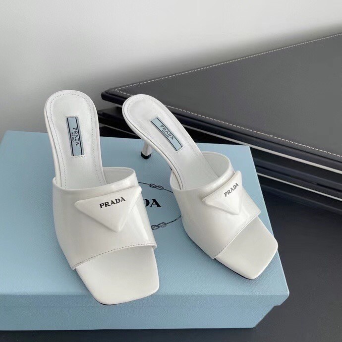 Prada Mid-heeled Slides In White Brushed Leather