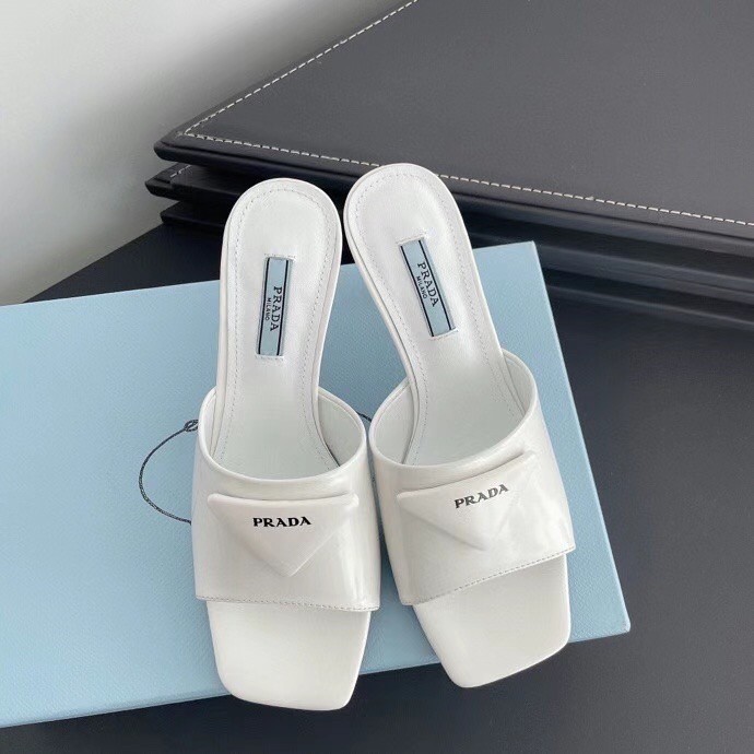 Prada Mid-heeled Slides In White Brushed Leather