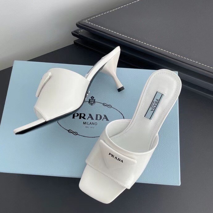 Prada Mid-heeled Slides In White Brushed Leather