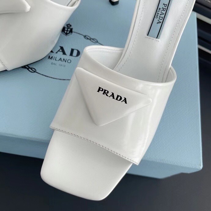 Prada Mid-heeled Slides In White Brushed Leather