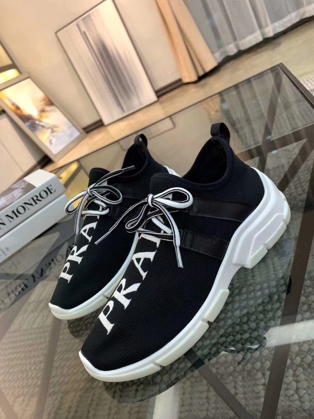 Prada Black Knit Fabric Logo Sneakers