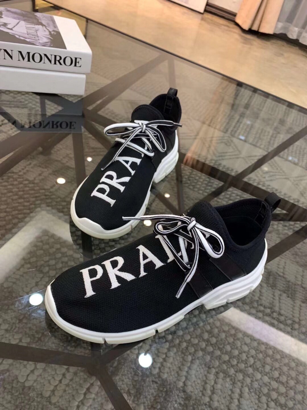 Prada Black Knit Fabric Logo Sneakers