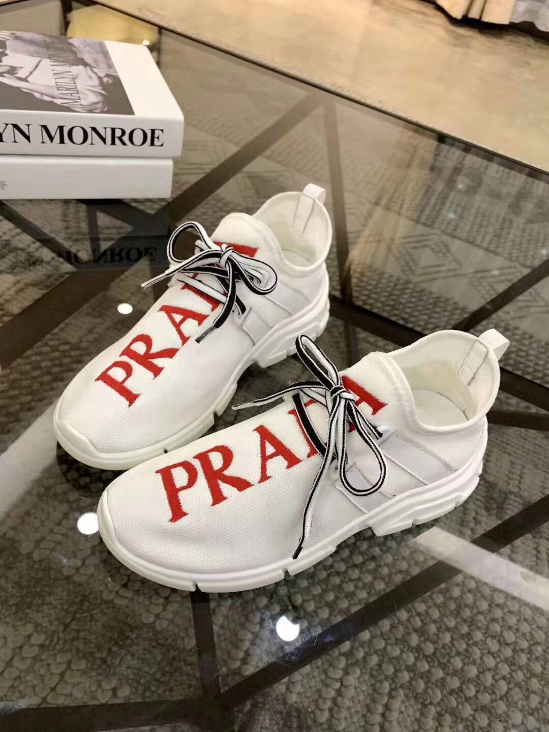 Prada White Knit Fabric Logo Sneakers