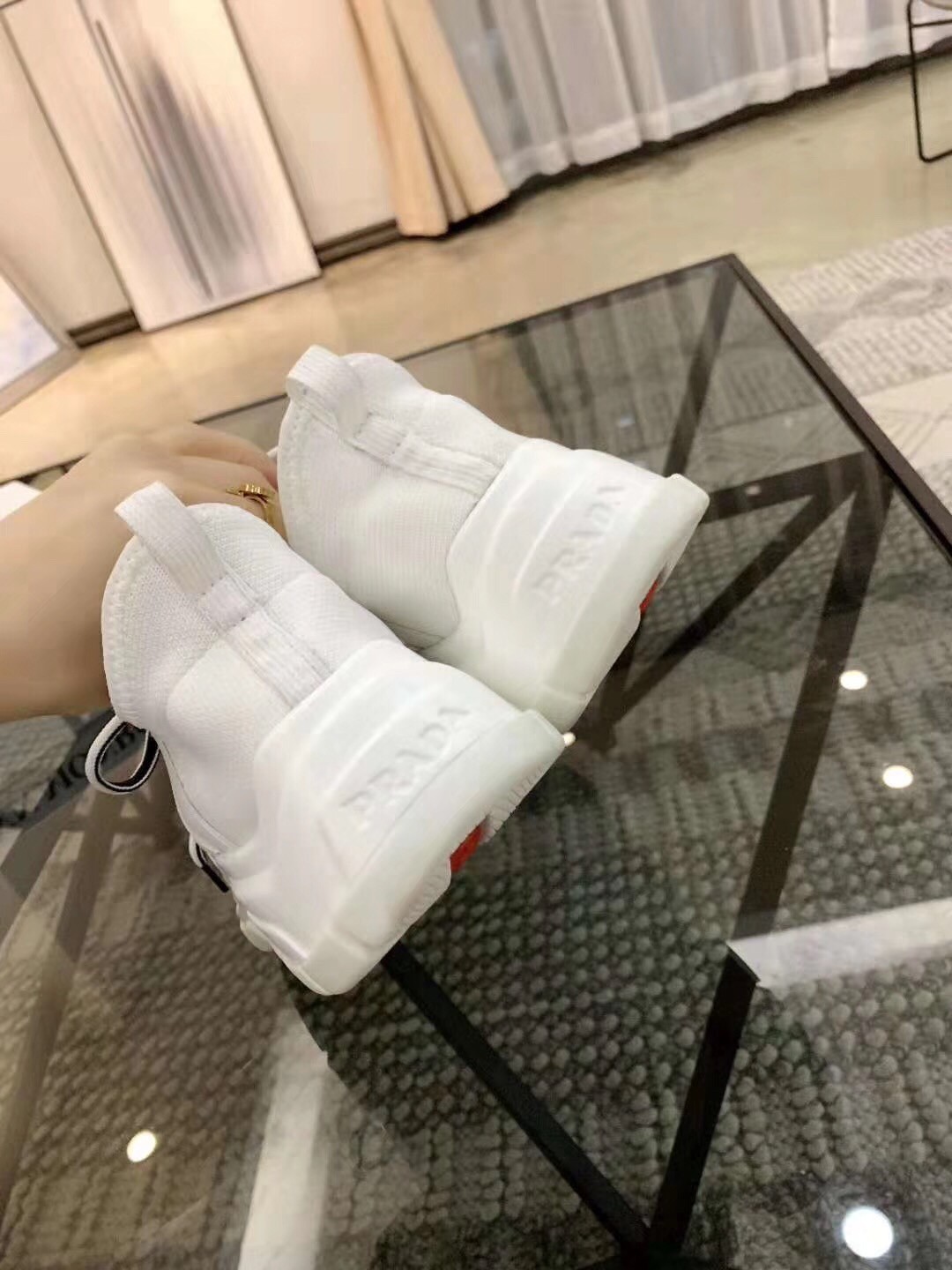 Prada White Knit Fabric Logo Sneakers