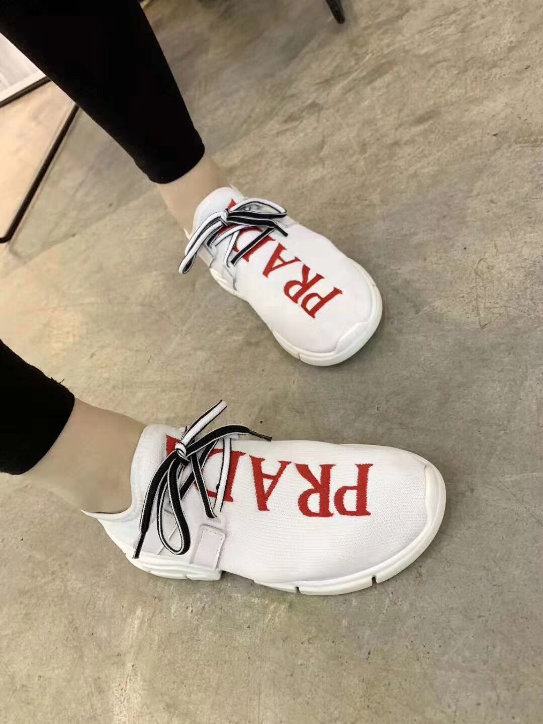 Prada White Knit Fabric Logo Sneakers