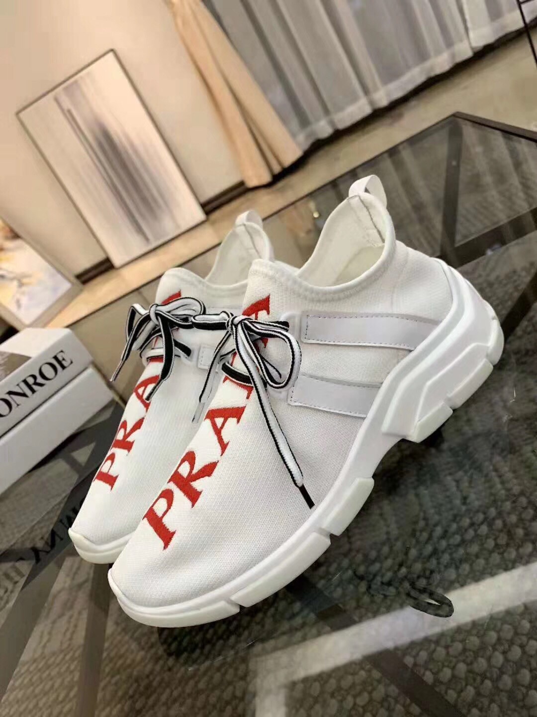 Prada White Knit Fabric Logo Sneakers