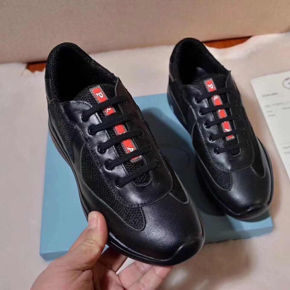 Prada Black Leather And Fabric Sneakers