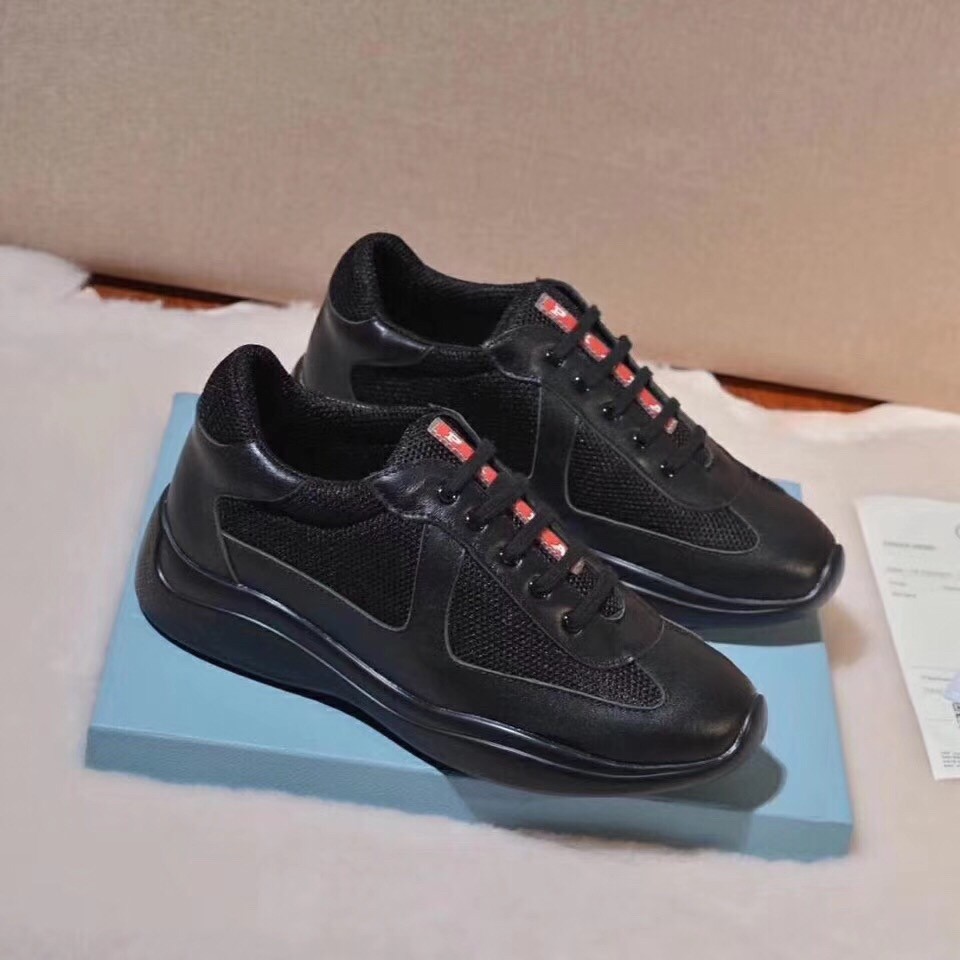 Prada Black Leather And Fabric Sneakers