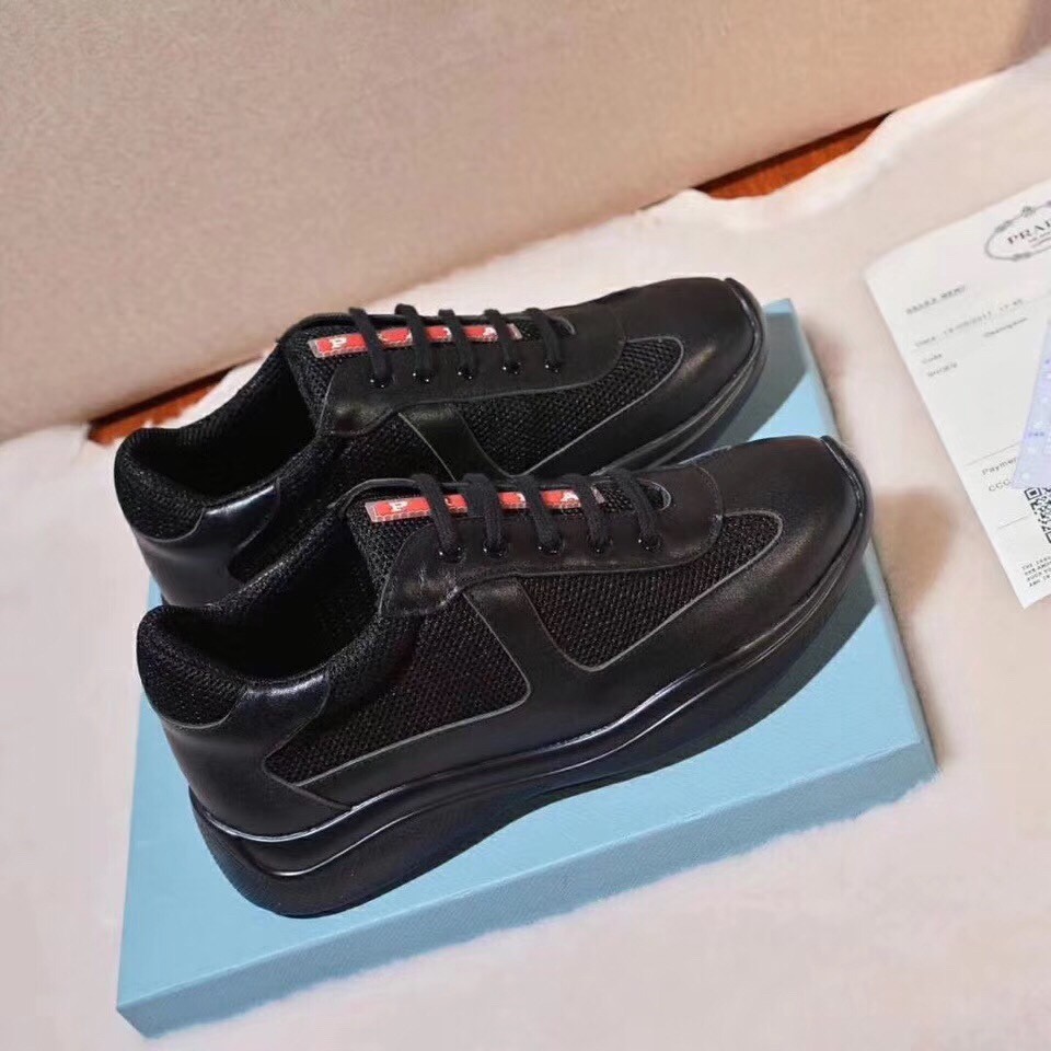 Prada Black Leather And Fabric Sneakers