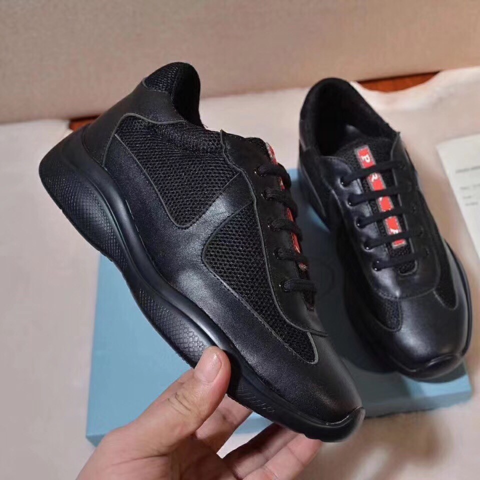 Prada Black Leather And Fabric Sneakers