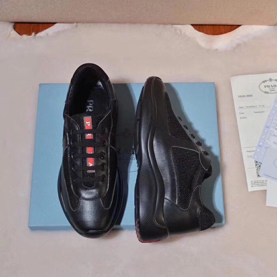 Prada Black Leather And Fabric Sneakers