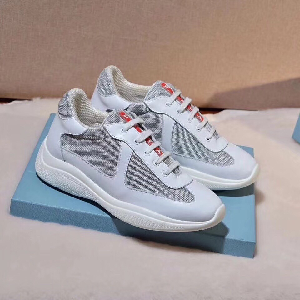 Prada White Leather And Fabric Sneakers