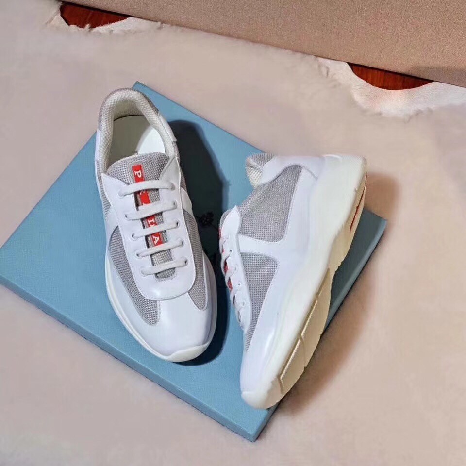 Prada White Leather And Fabric Sneakers