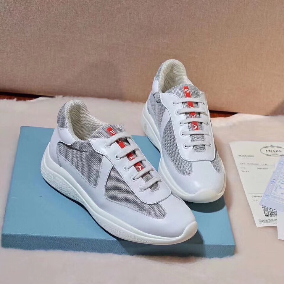 Prada White Leather And Fabric Sneakers