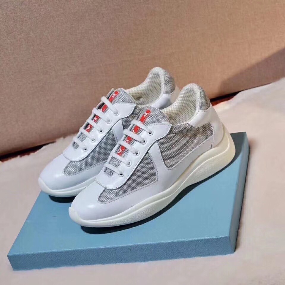 Prada White Leather And Fabric Sneakers