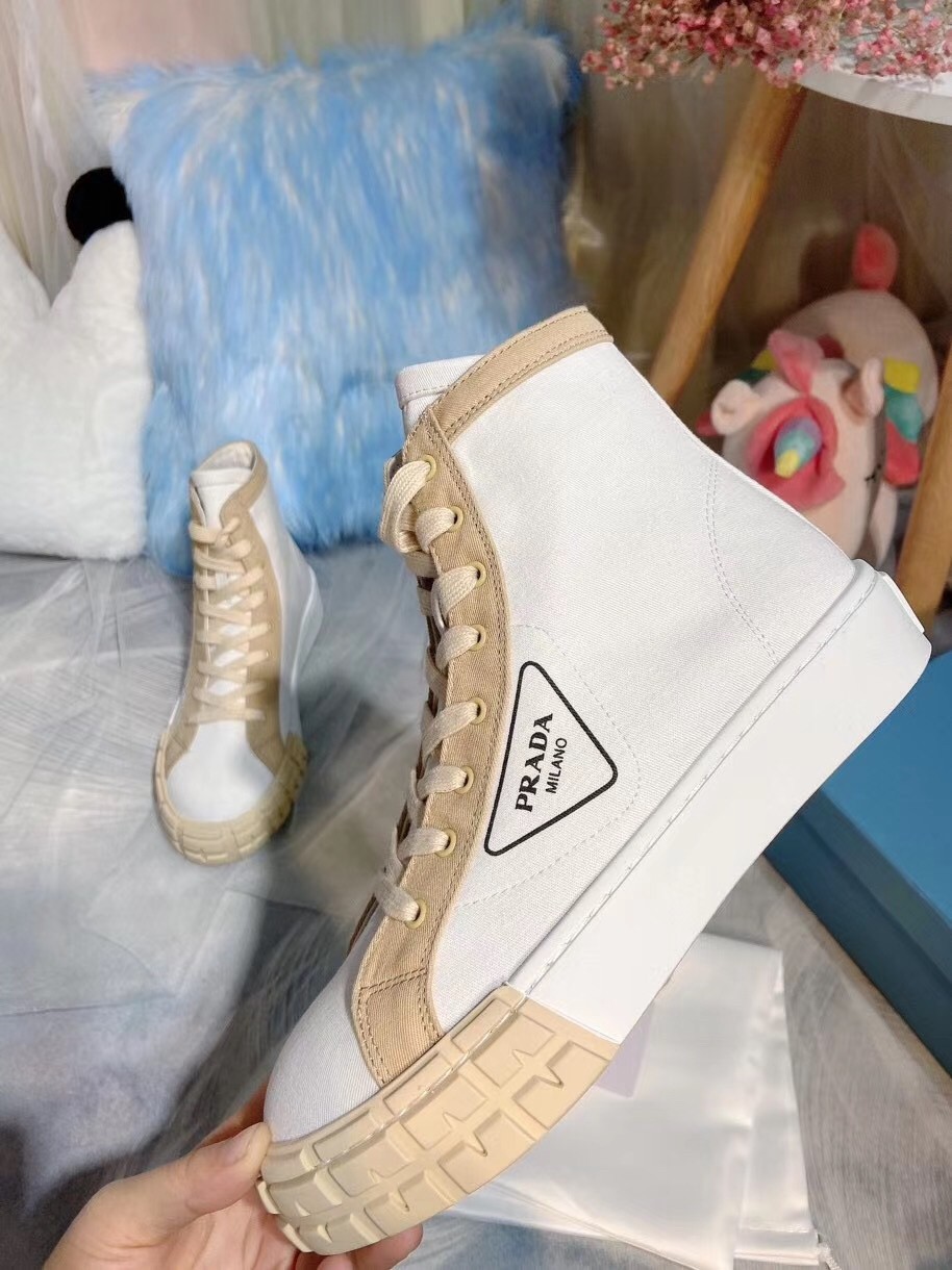 Prada White/Beige Gabardine High-top Sneakers