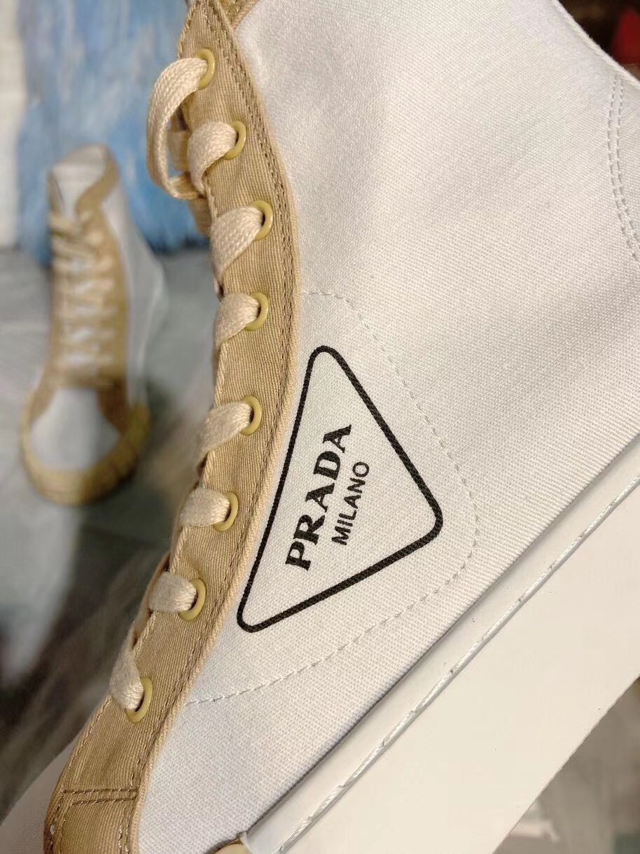 Prada White/Beige Gabardine High-top Sneakers