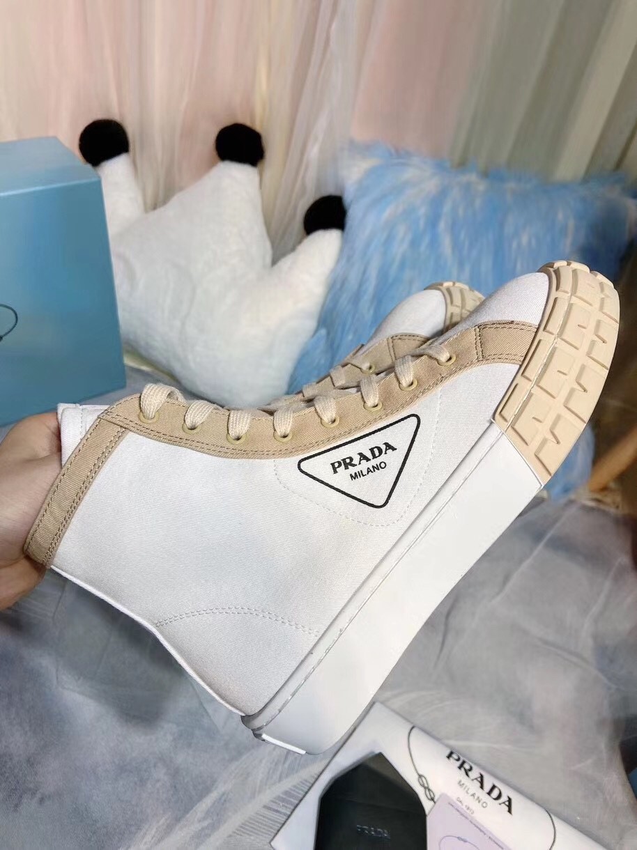 Prada White/Beige Gabardine High-top Sneakers