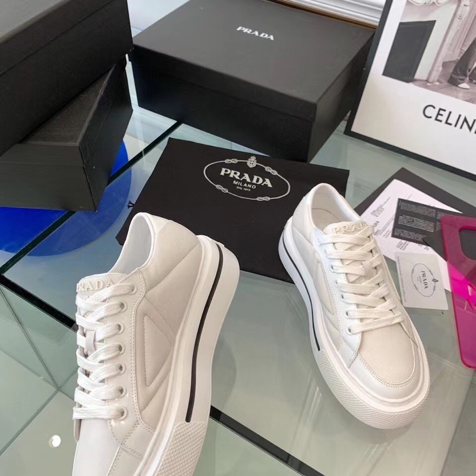 Prada Women's Macro Sneakers In White Re-Nylon And Leather