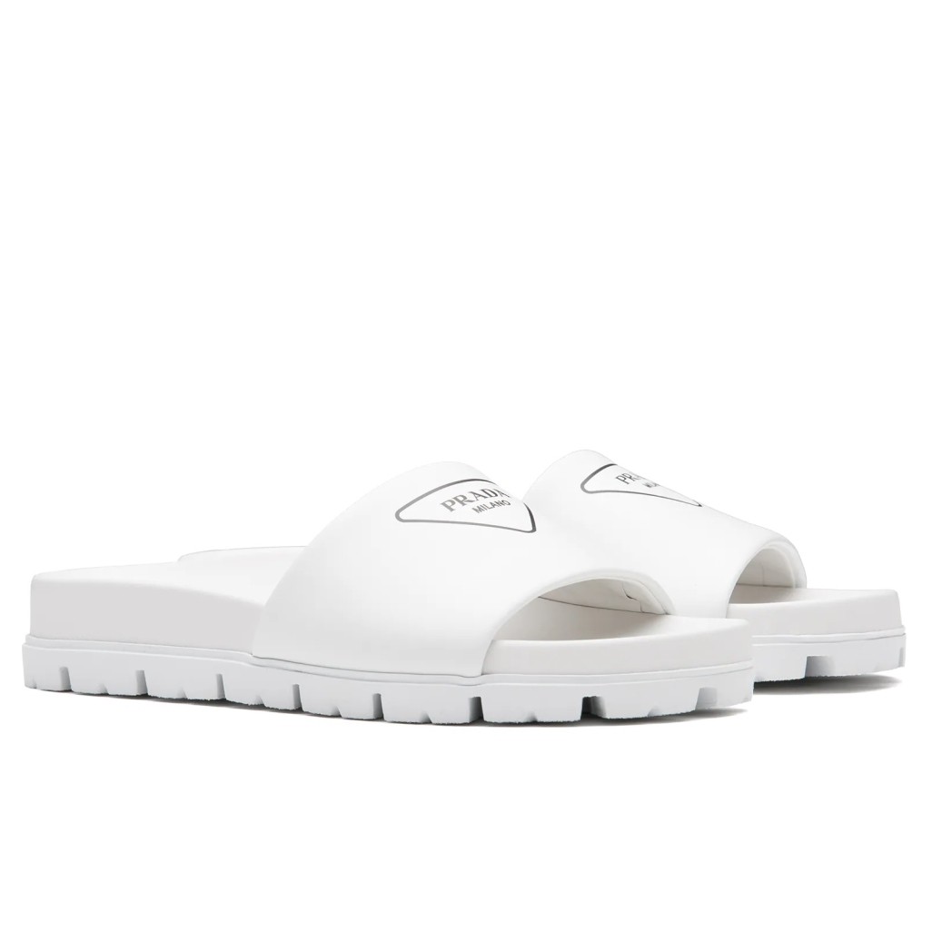 Prada White Leather Slides with Printed Triangle Logo