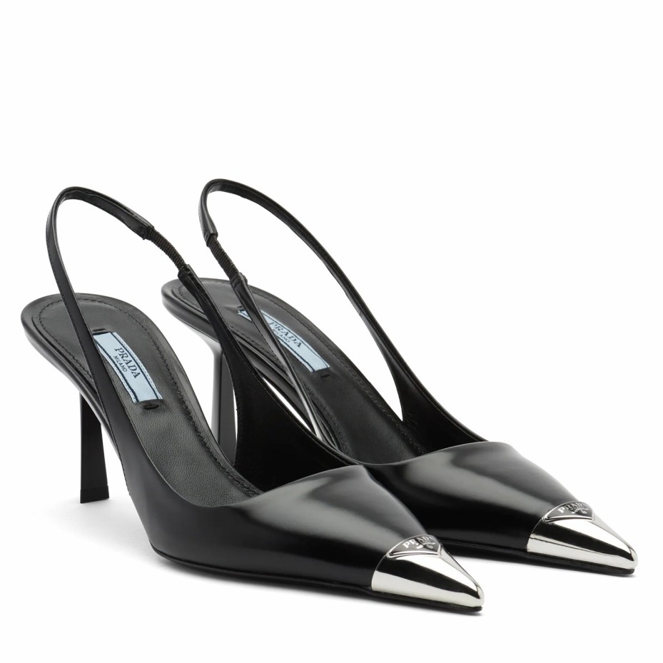 Prada Slingback Pumps 75MM In Black Brushed Leather