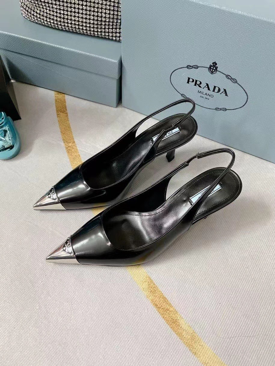 Prada Slingback Pumps 75MM In Black Brushed Leather