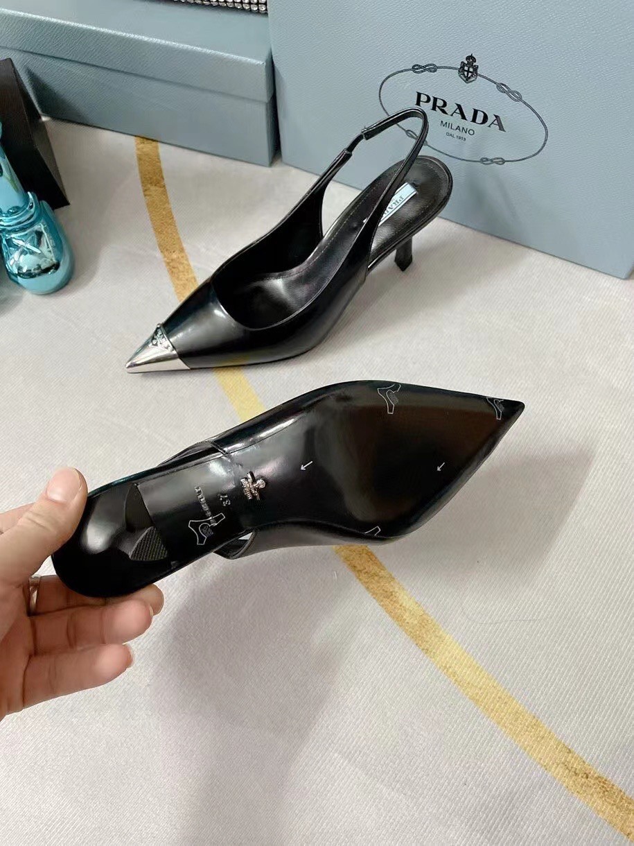 Prada Slingback Pumps 75MM In Black Brushed Leather