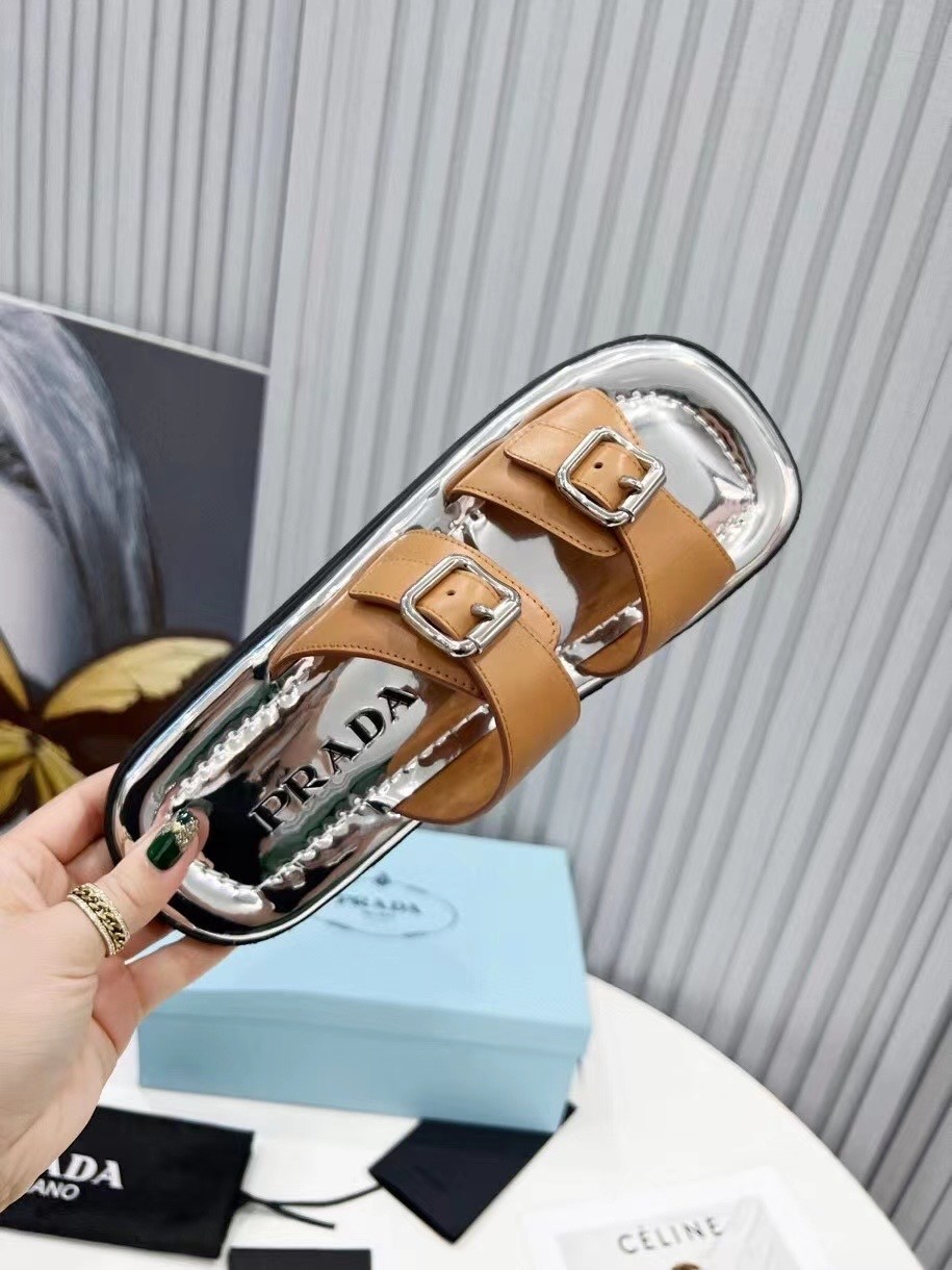 Prada Double-strap Sandals In Brown Leather