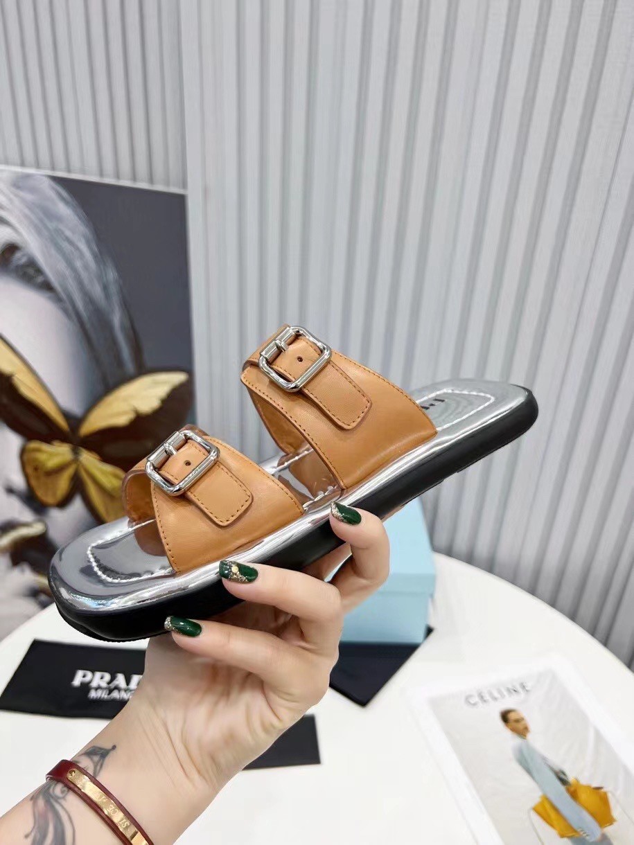 Prada Double-strap Sandals In Brown Leather