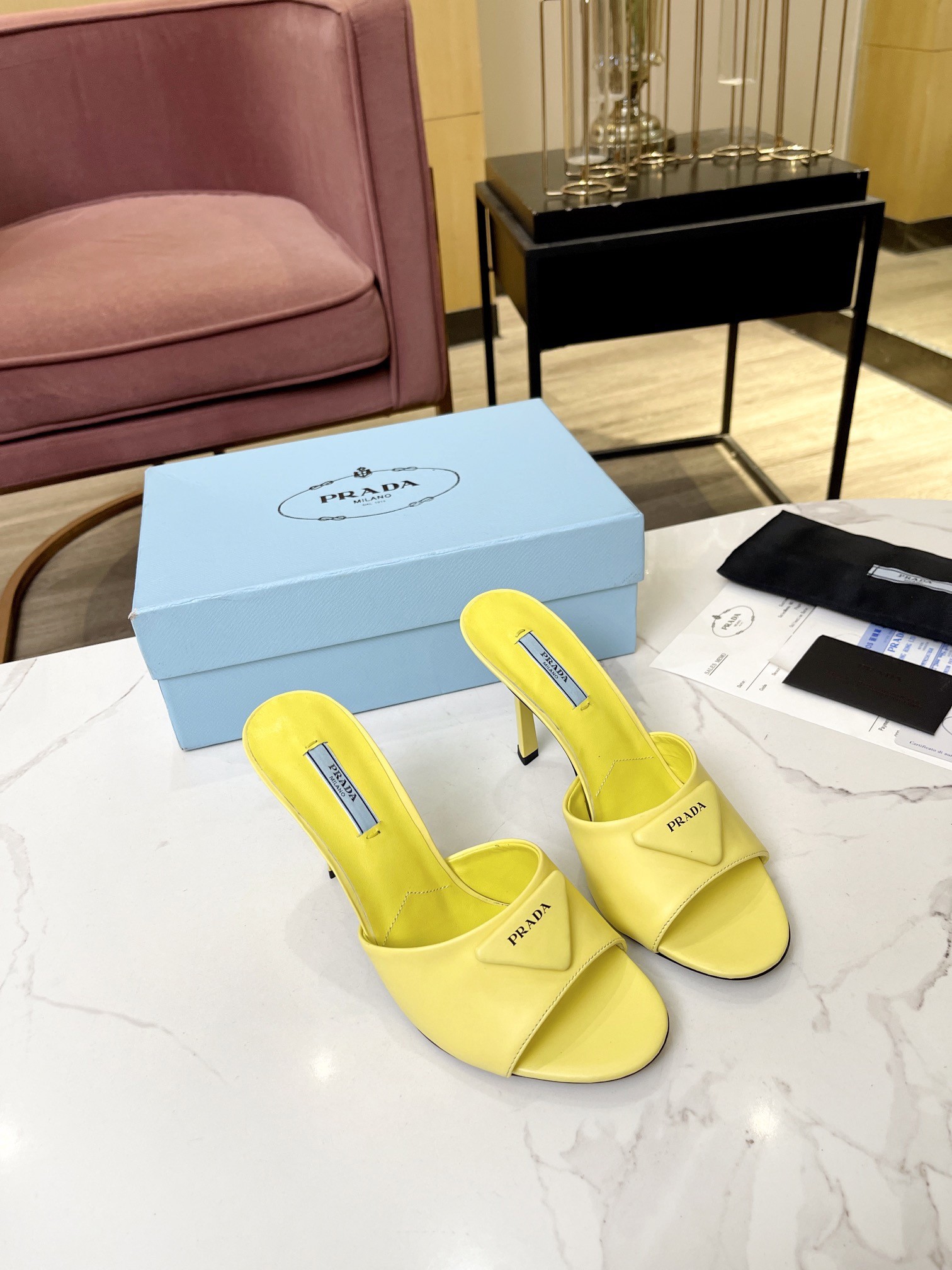 Prada Heeled Sandals 75mm in Yellow Brushed Leather