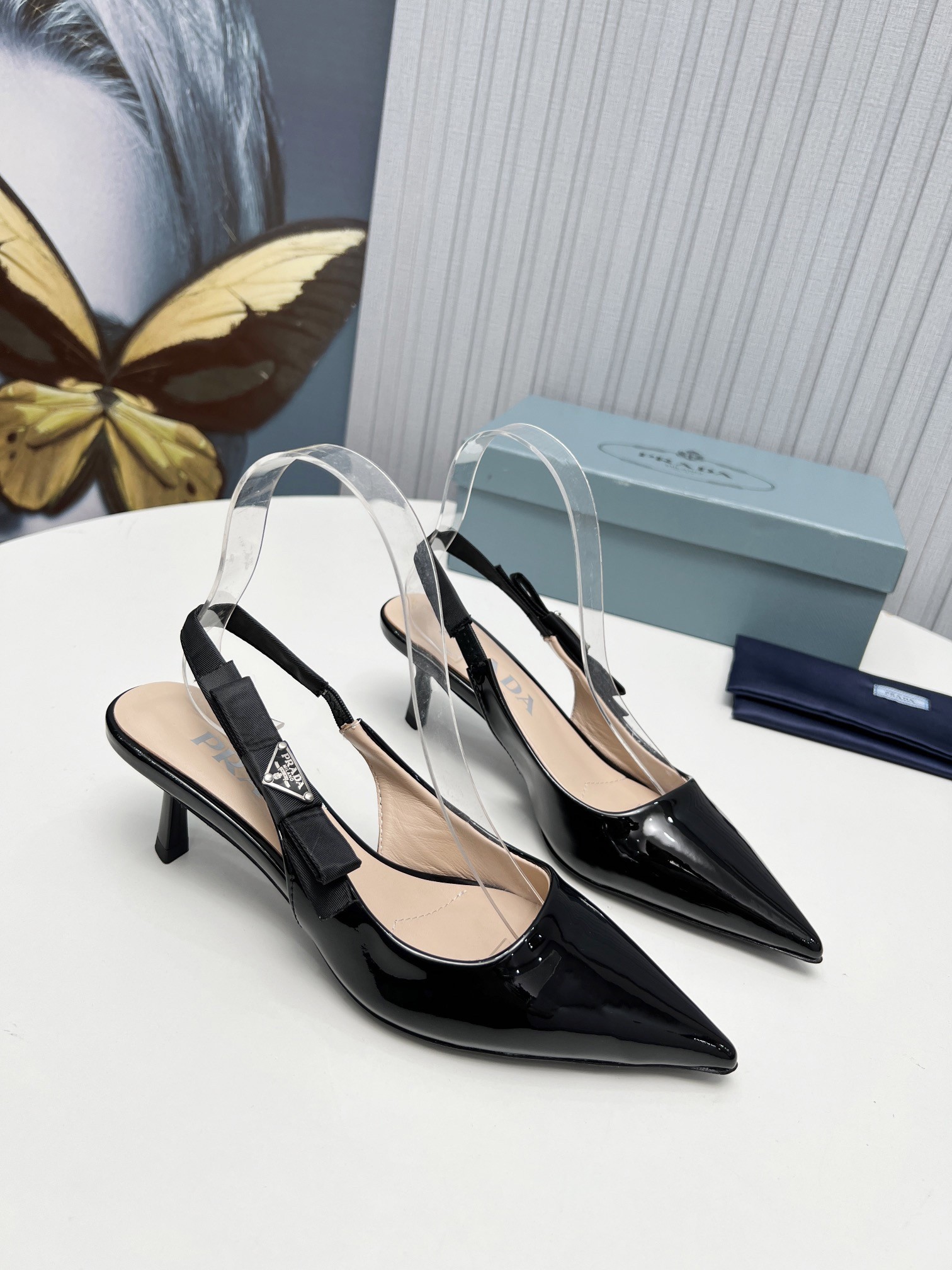 Prada Slingbacks Pumps 45mm In Black Patent Leather