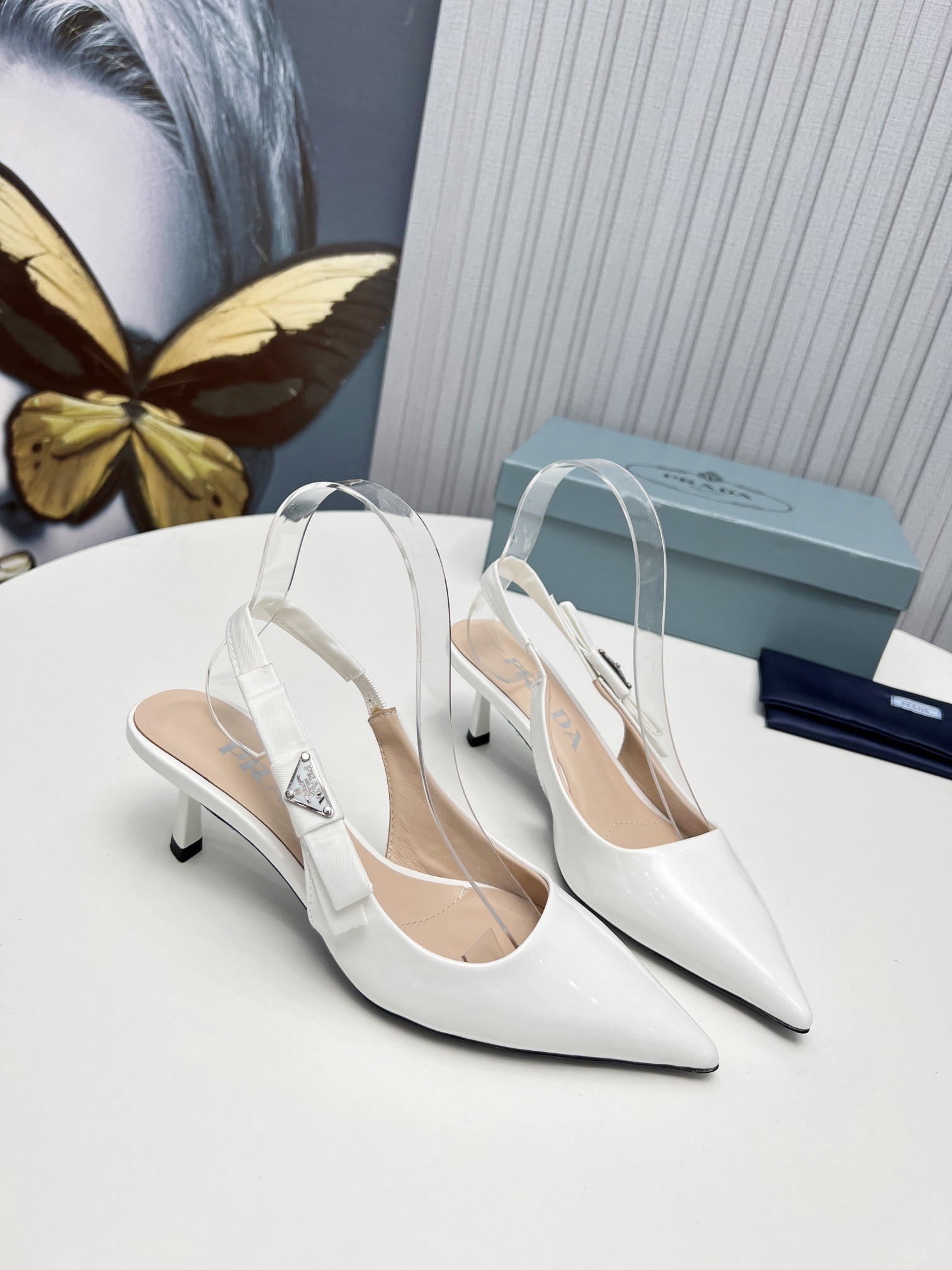 Prada Slingbacks Pumps 45mm In White Patent Leather