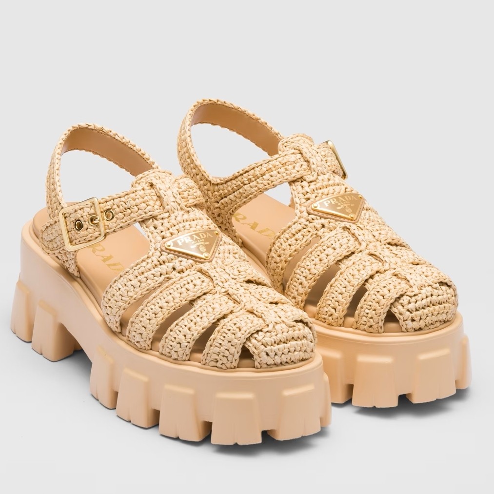 Prada Monolith Crochet Cage Sandals in Beige Raffia Fabric