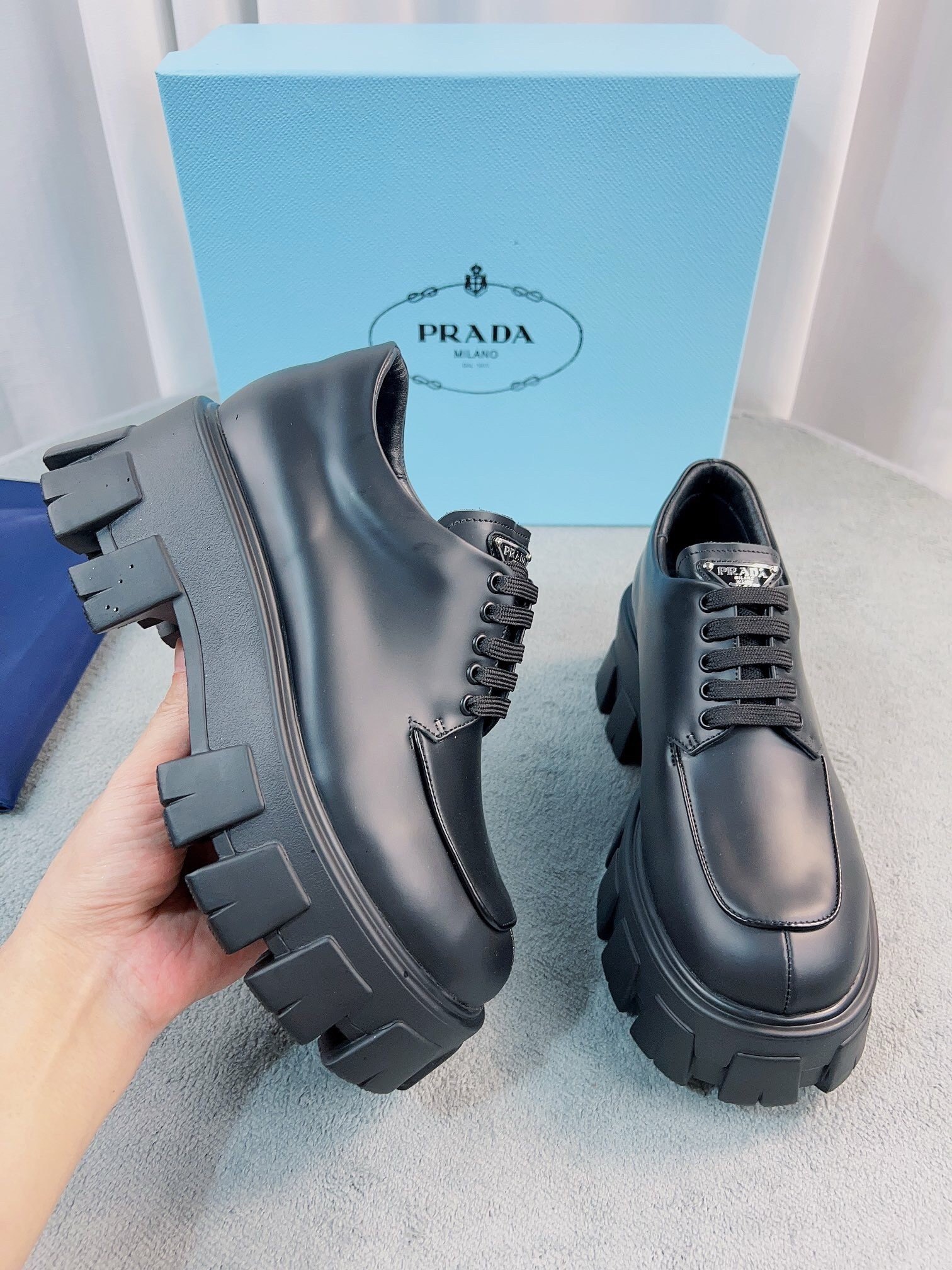 Prada Monolith Lace-up Shoes in Black Brushed Leather