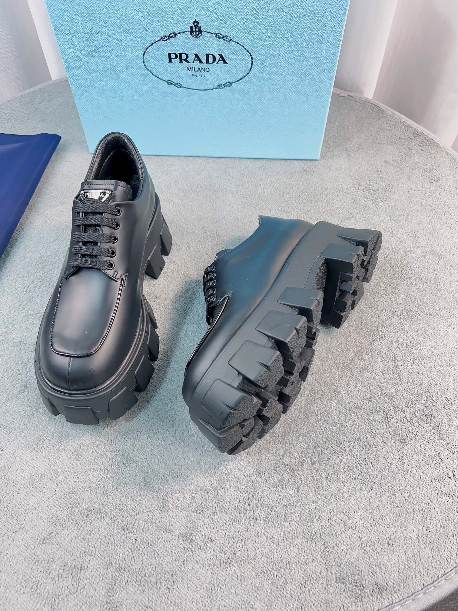 Prada Monolith Lace-up Shoes in Black Brushed Leather