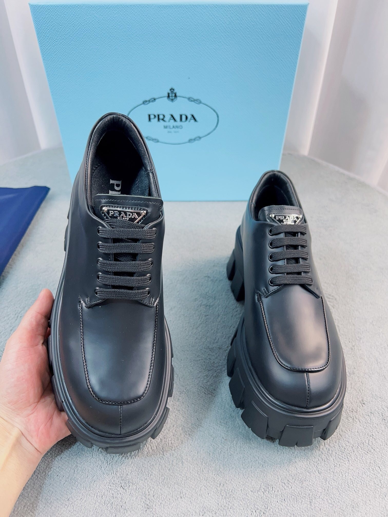 Prada Monolith Lace-up Shoes in Black Brushed Leather