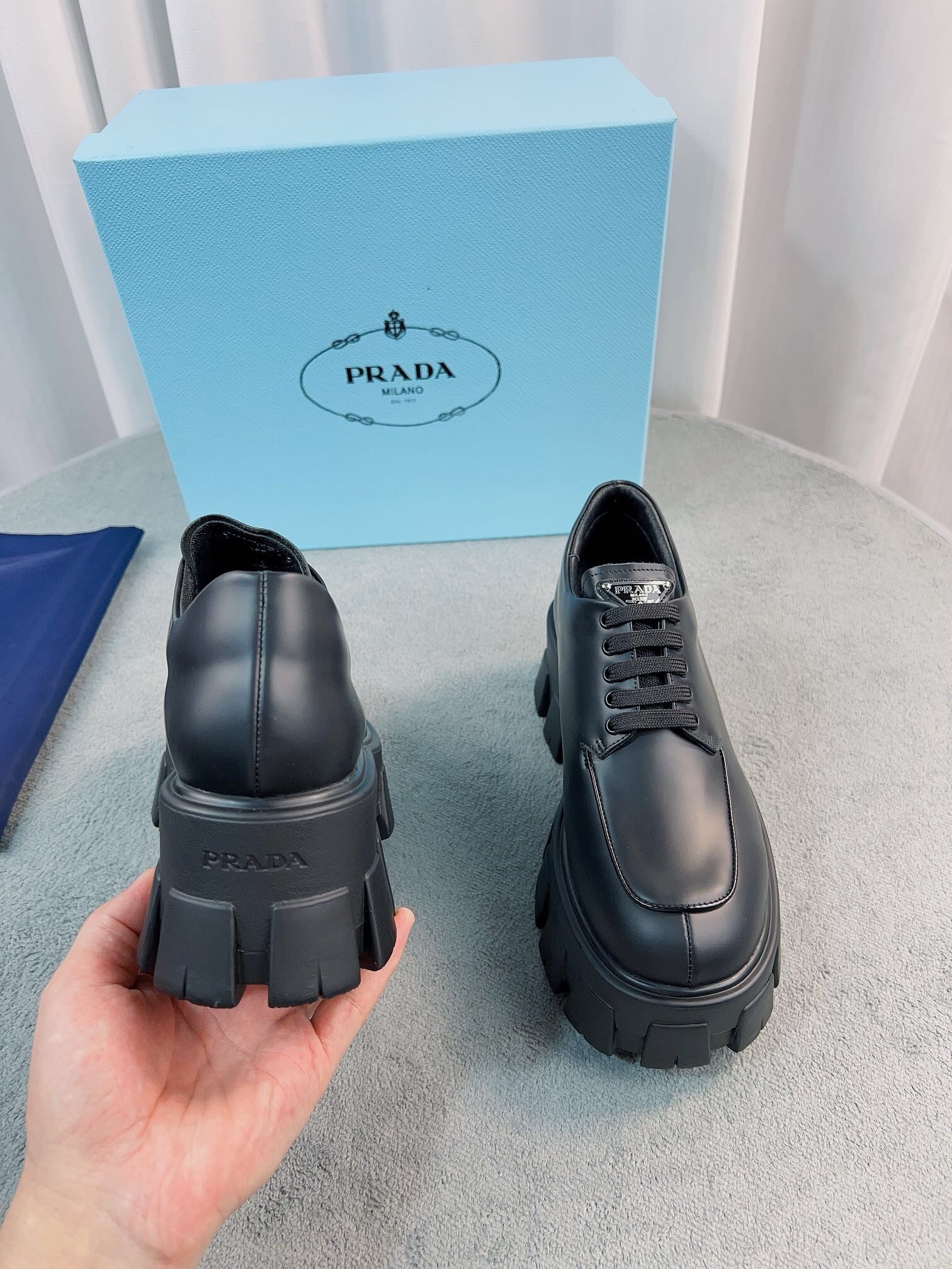 Prada Monolith Lace-up Shoes in Black Brushed Leather