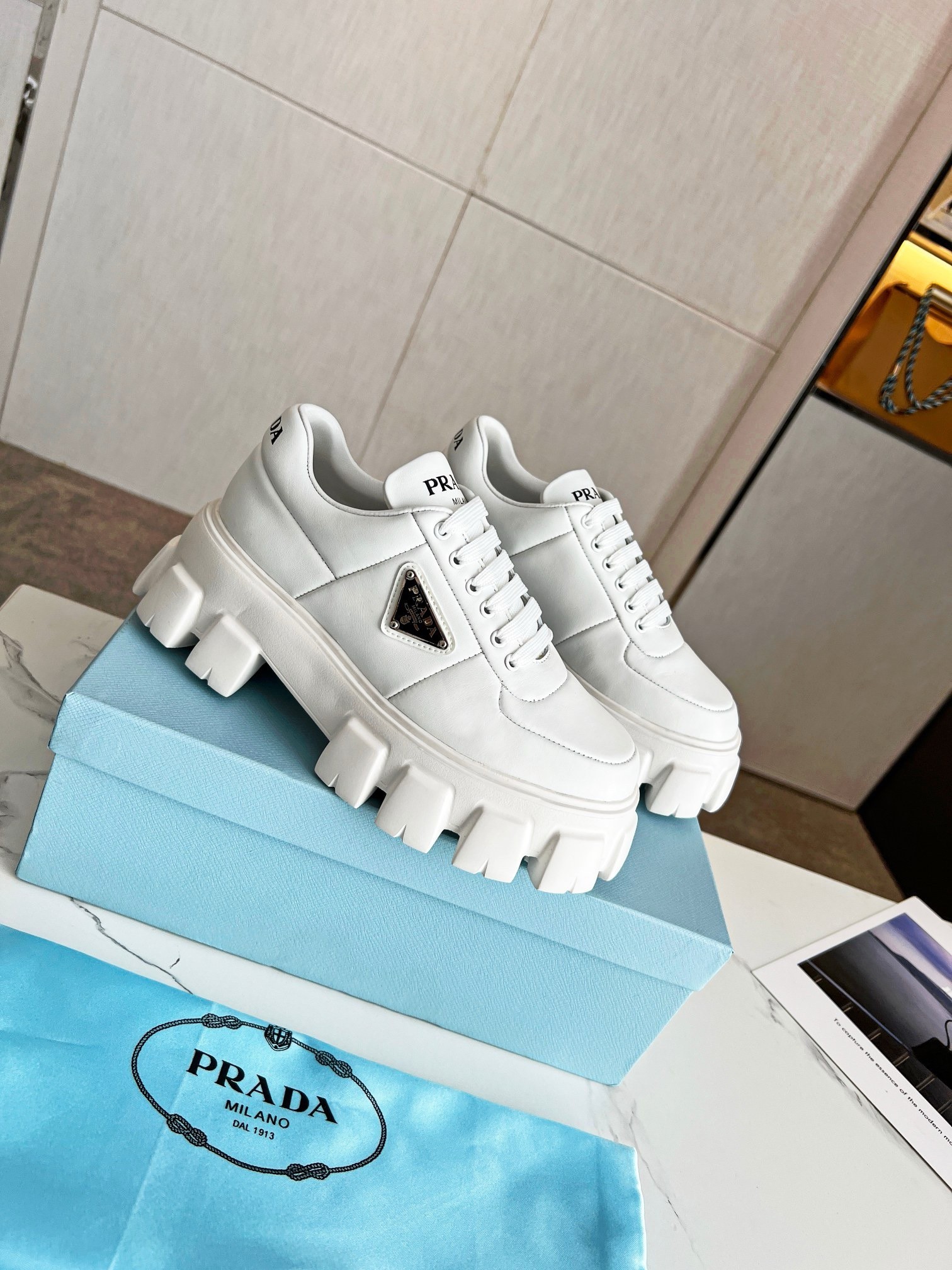 Prada Women's Sneakers in White Padded Nappa Leather