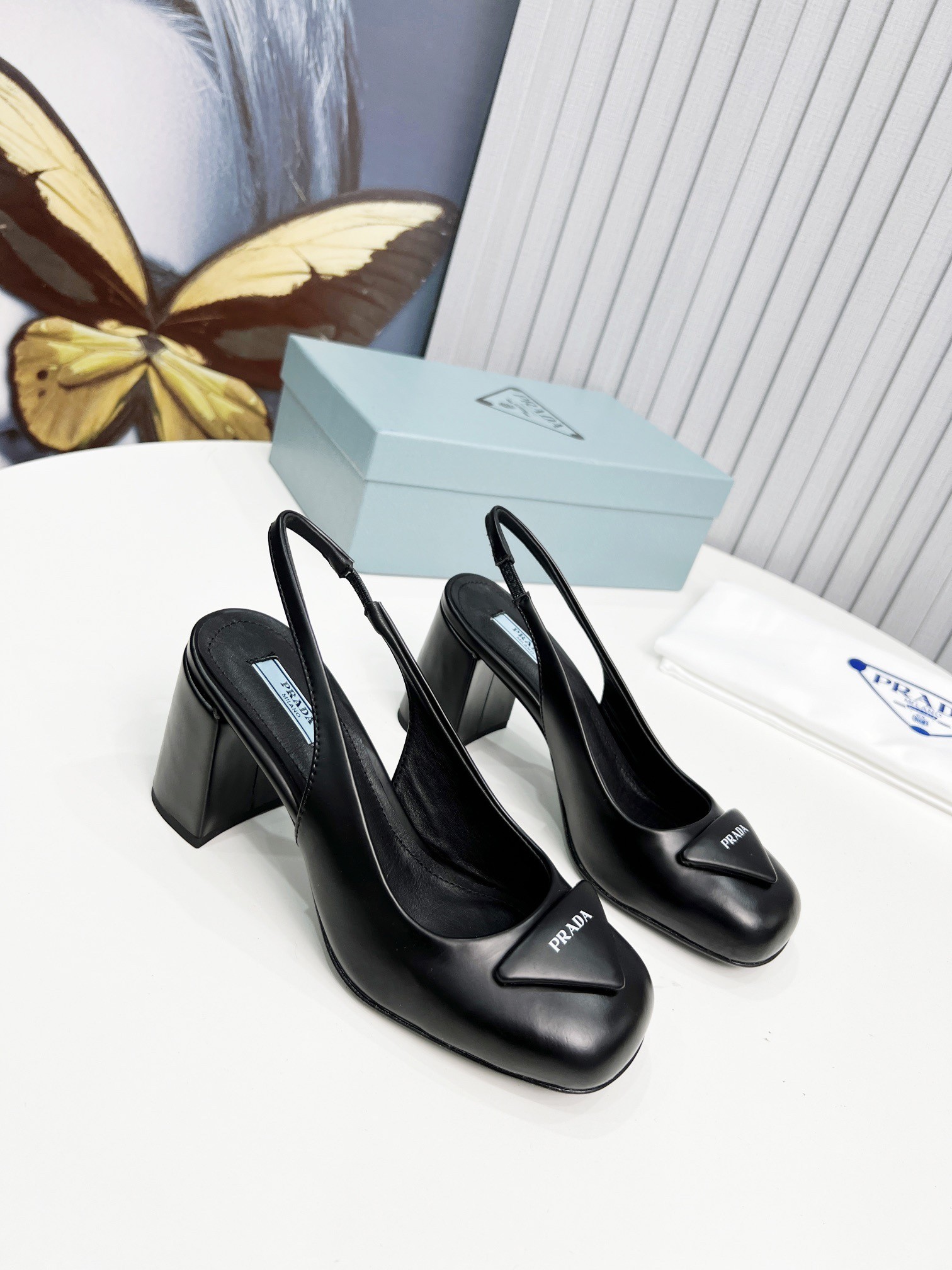 Prada Slingbacks Pumps 75mm In Black Patent Leather