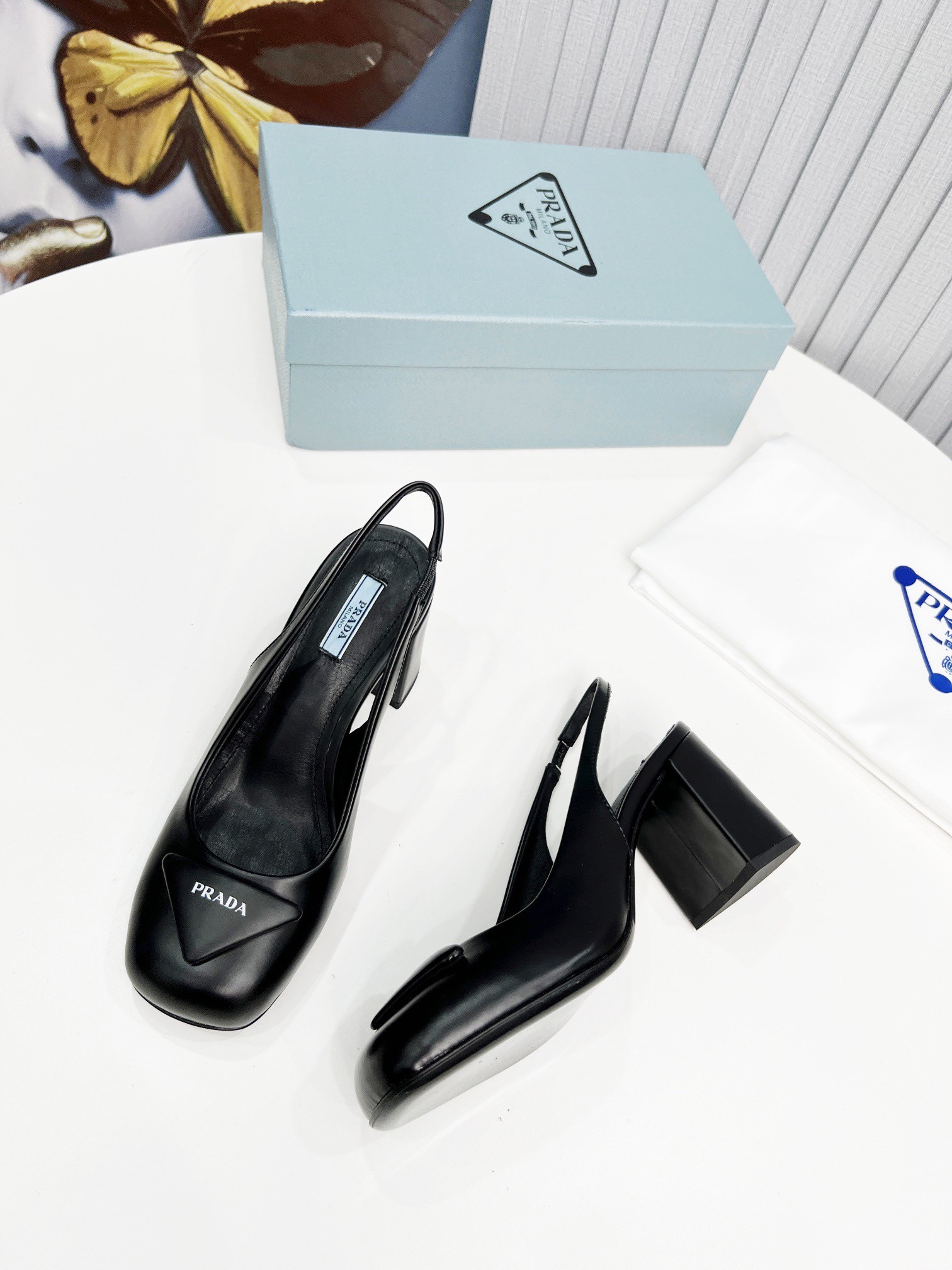 Prada Slingbacks Pumps 75mm In Black Patent Leather