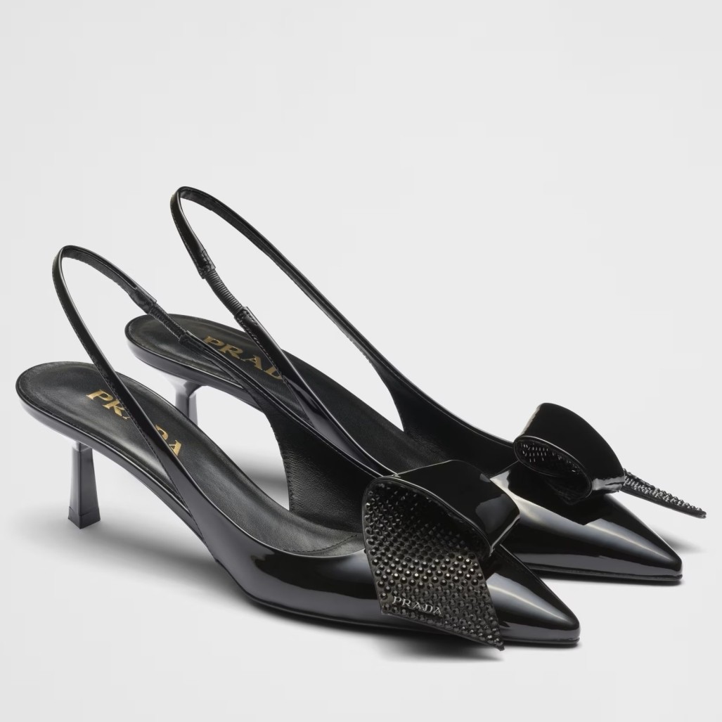 Prada Slingback Pumps 55mm in Black Patent with Crystals Ornament