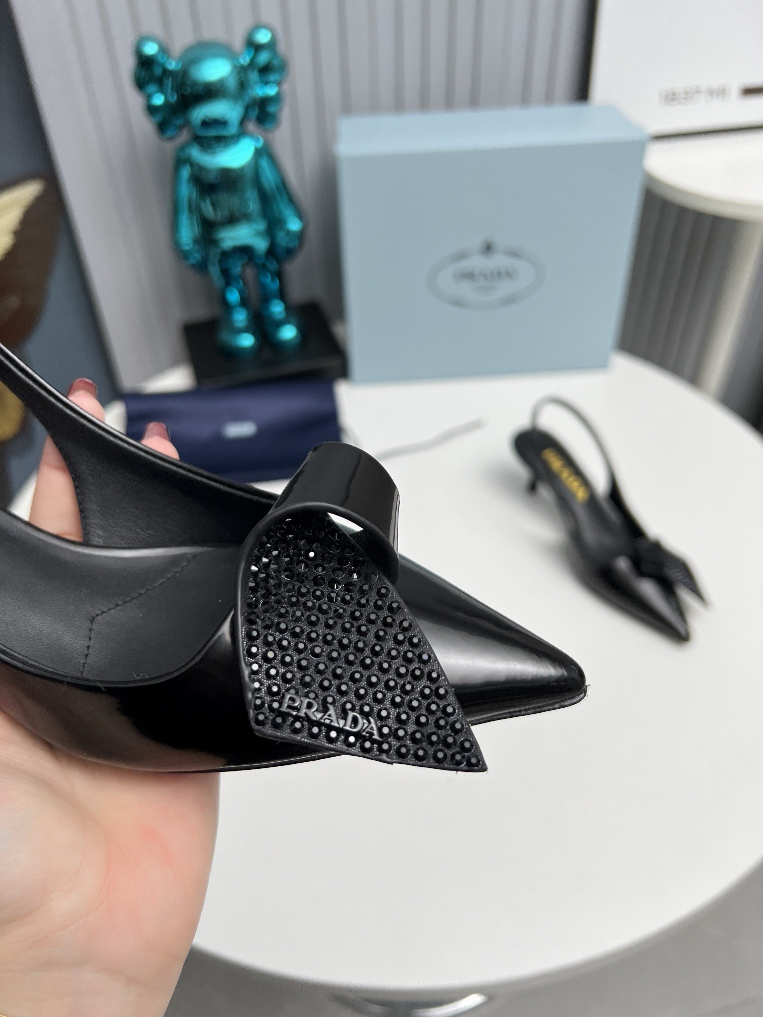 Prada Slingback Pumps 55mm in Black Patent with Crystals Ornament