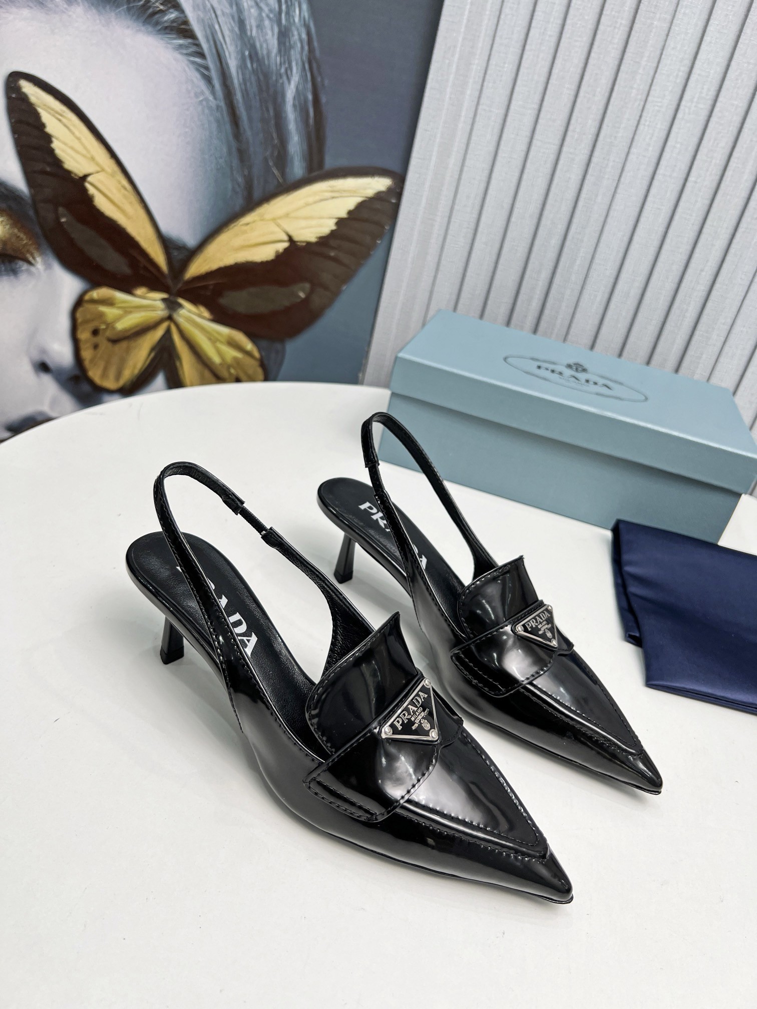 Prada Slingback Pumps 45mm in Black Patent Calfskin