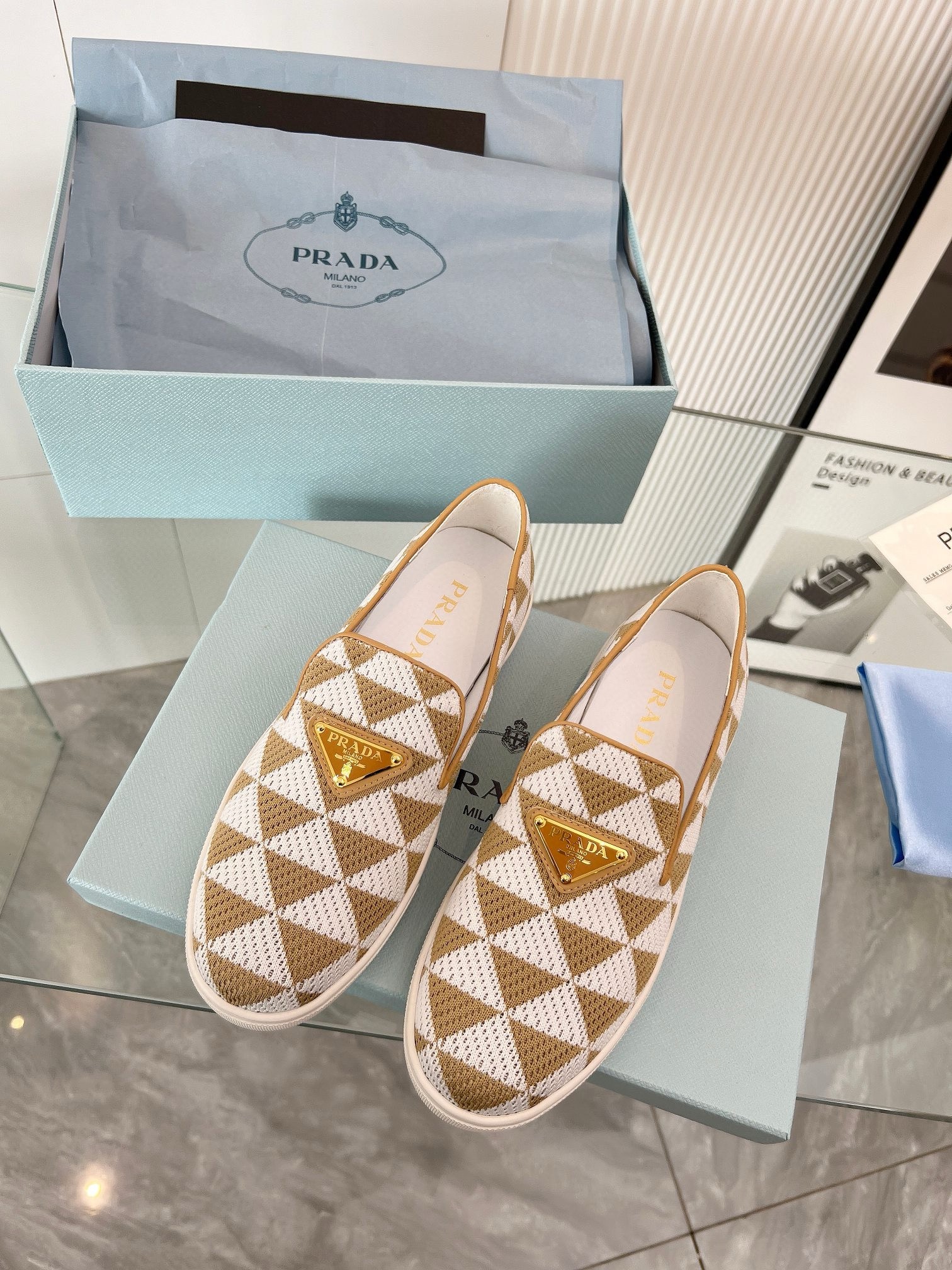 Prada Slip-on Sneakers in White/Beige Embroidered Fabric