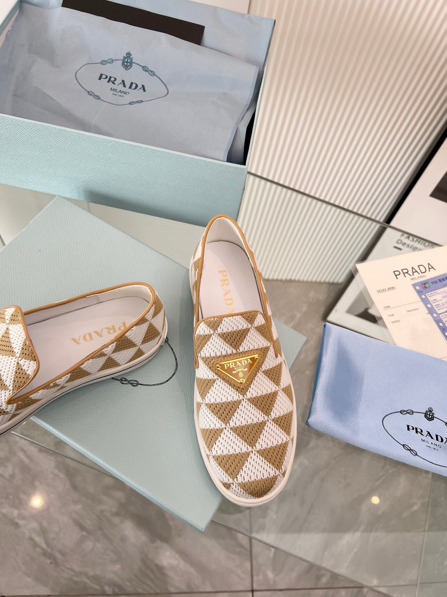 Prada Slip-on Sneakers in White/Beige Embroidered Fabric