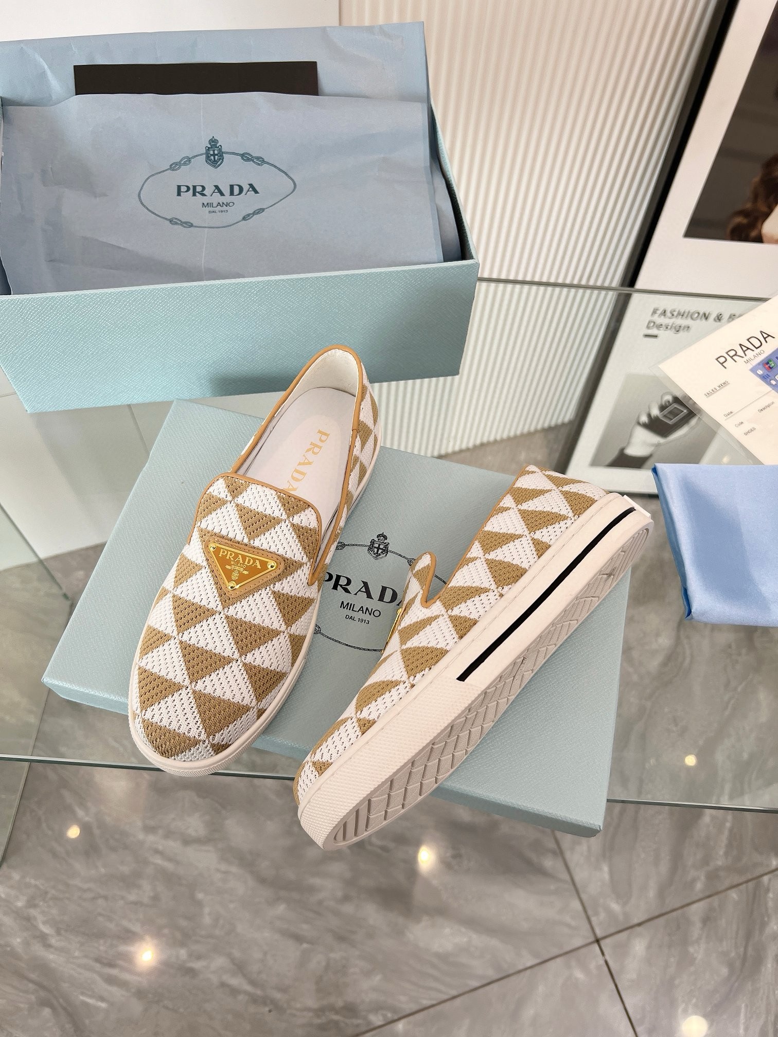 Prada Slip-on Sneakers in White/Beige Embroidered Fabric