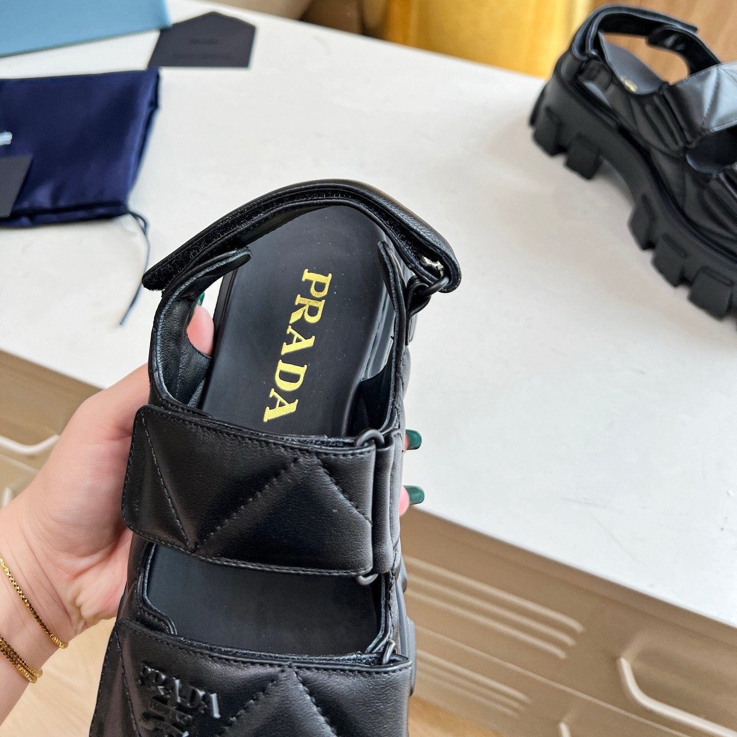 Prada Monolith Flatform Sandals in Black Nappa Leather