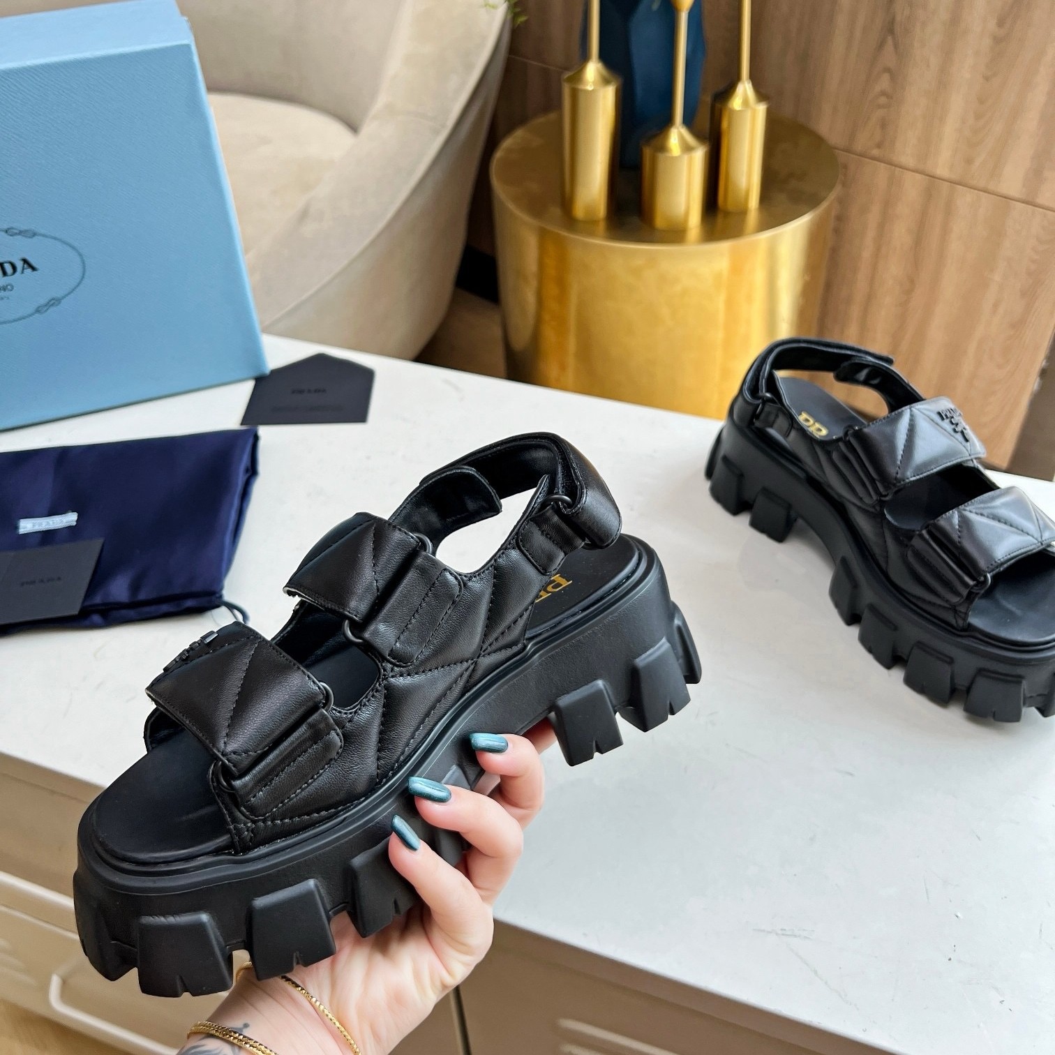 Prada Monolith Flatform Sandals in Black Nappa Leather