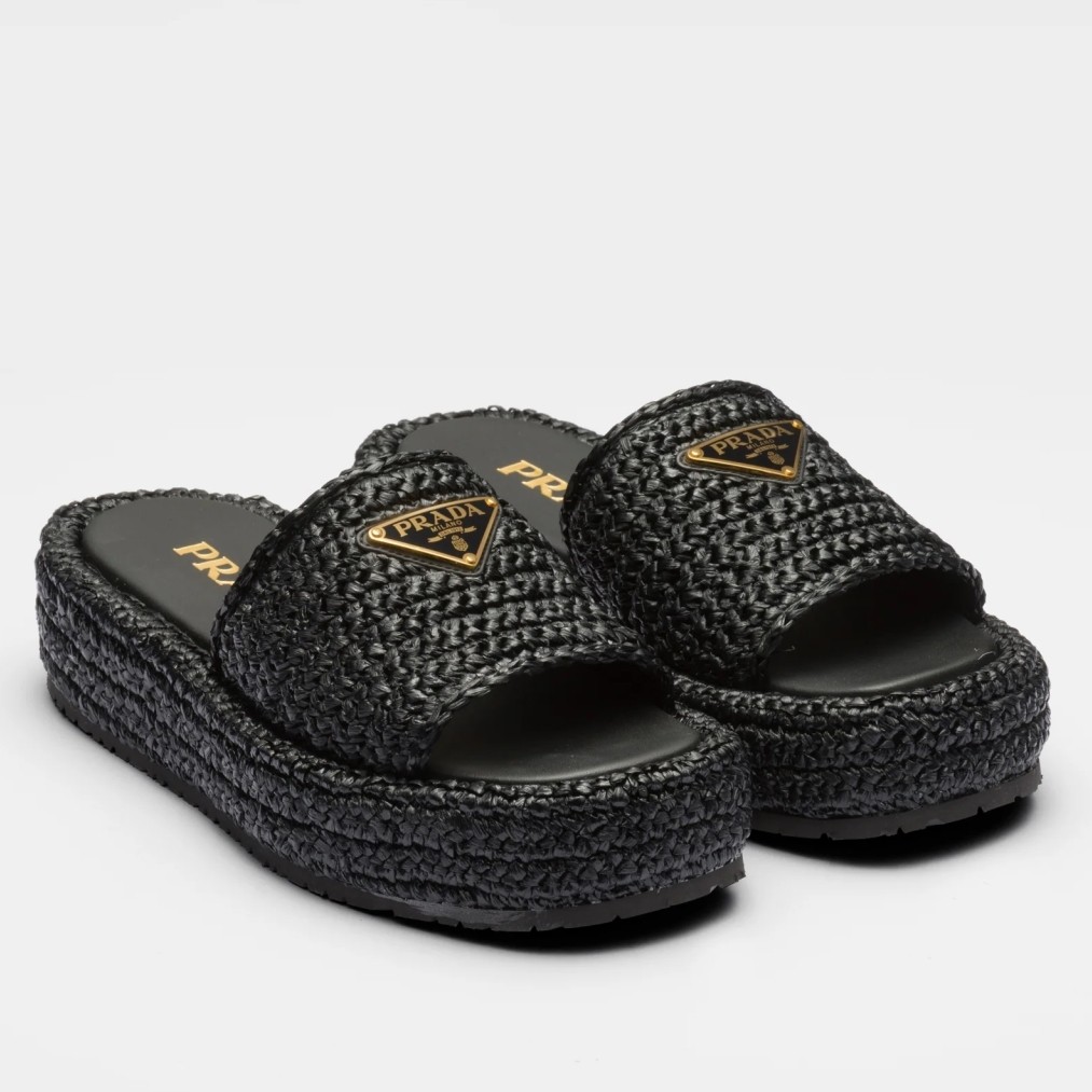 Prada Crochet Flatform Slides in Black Raffia-effect Yarn